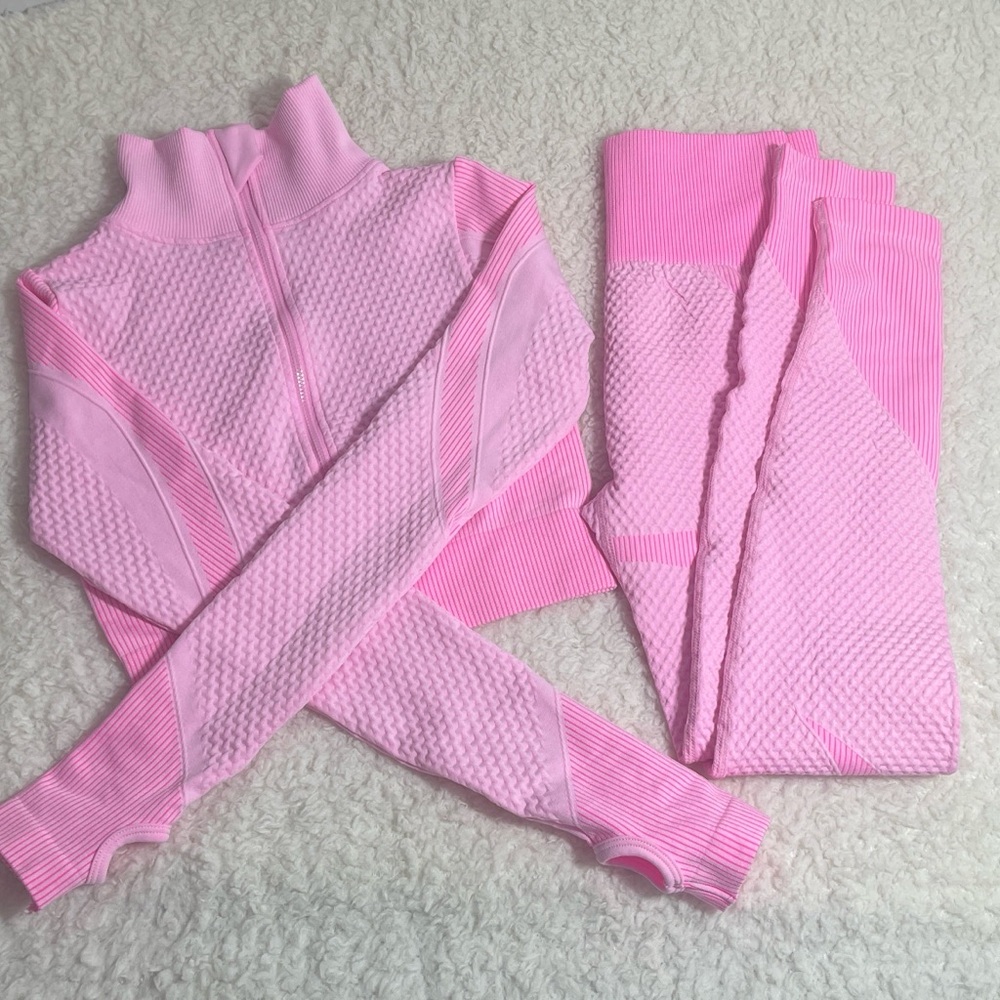 Pink Seamless Textured Crop Jacket & Leggings Set
